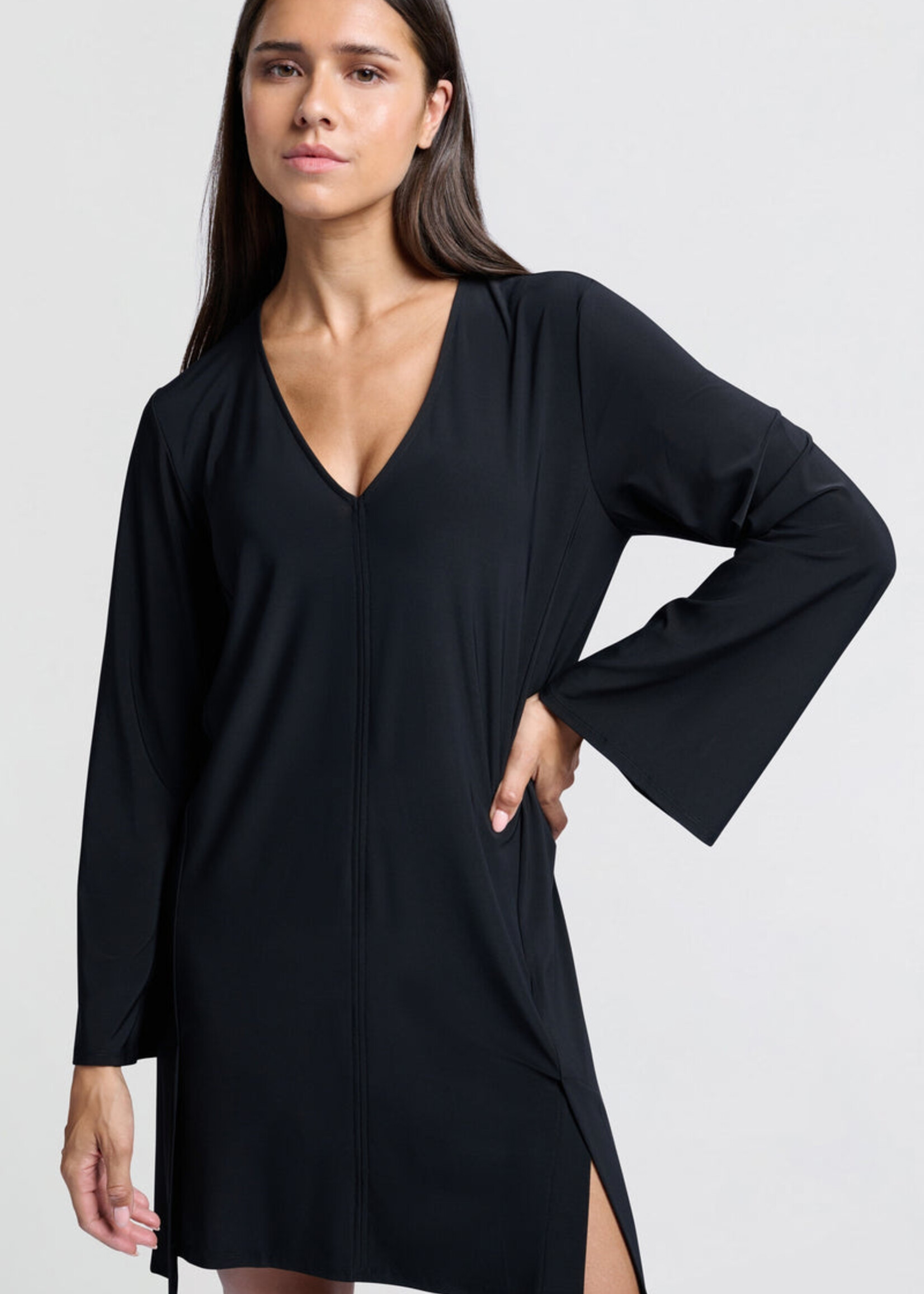 Yaya Women YAYA Robe En Jersey À Col En V Et Jupe Évasée - Noir