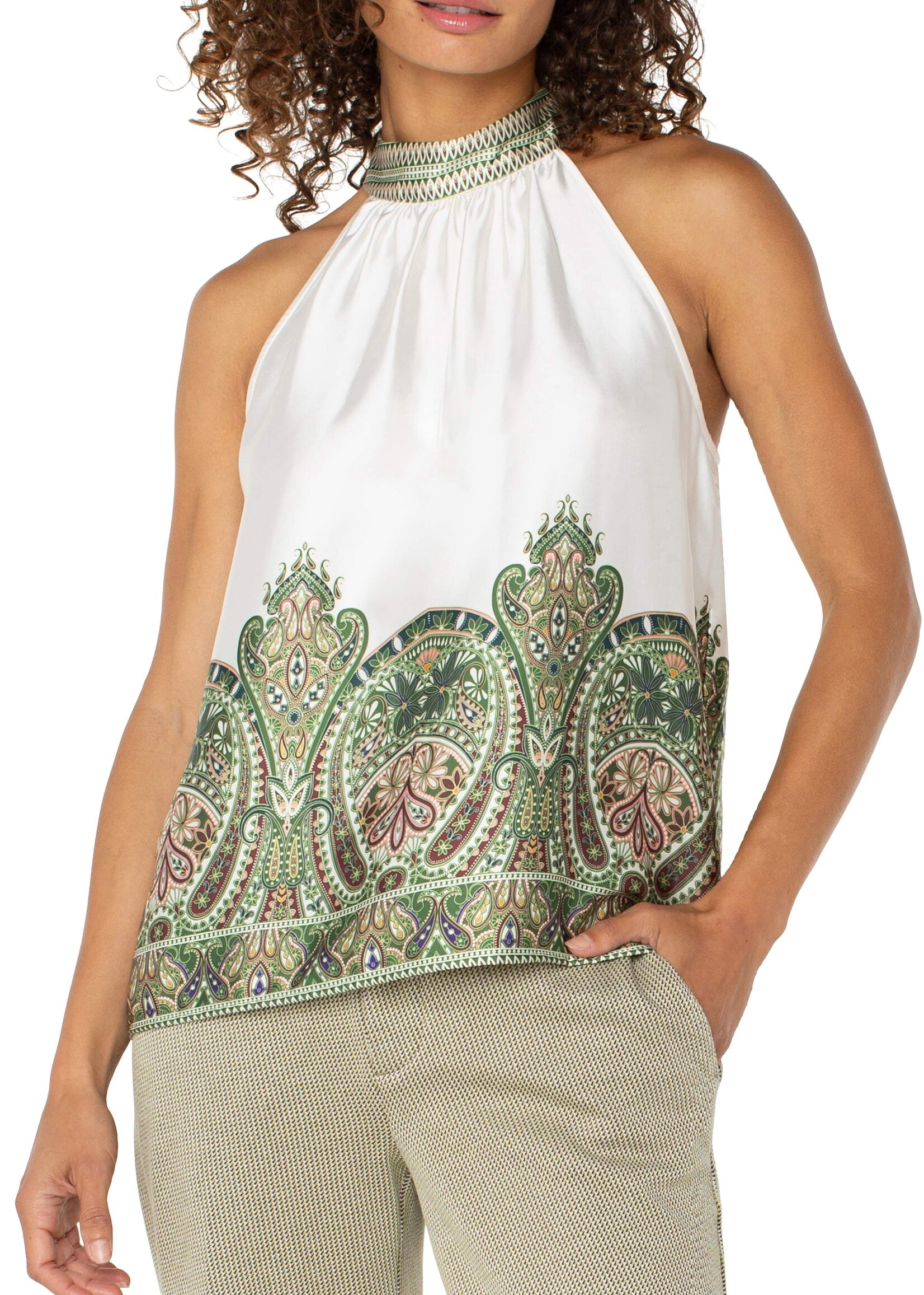 Liverpool Liverpool Mock Neck Halter Top - Cream Olive Paisley
