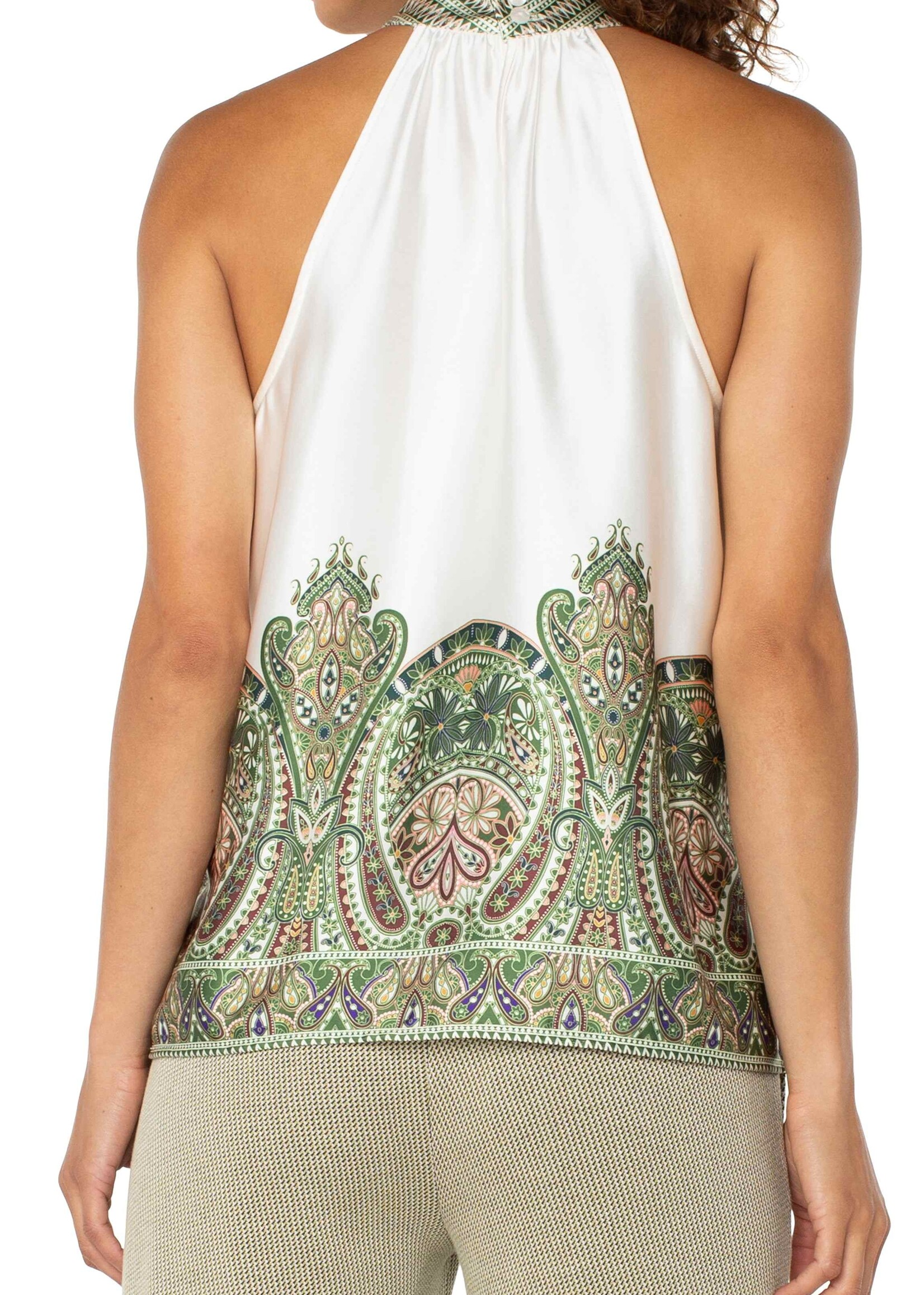 Liverpool Liverpool Mock Neck Halter Top - Cream Olive Paisley