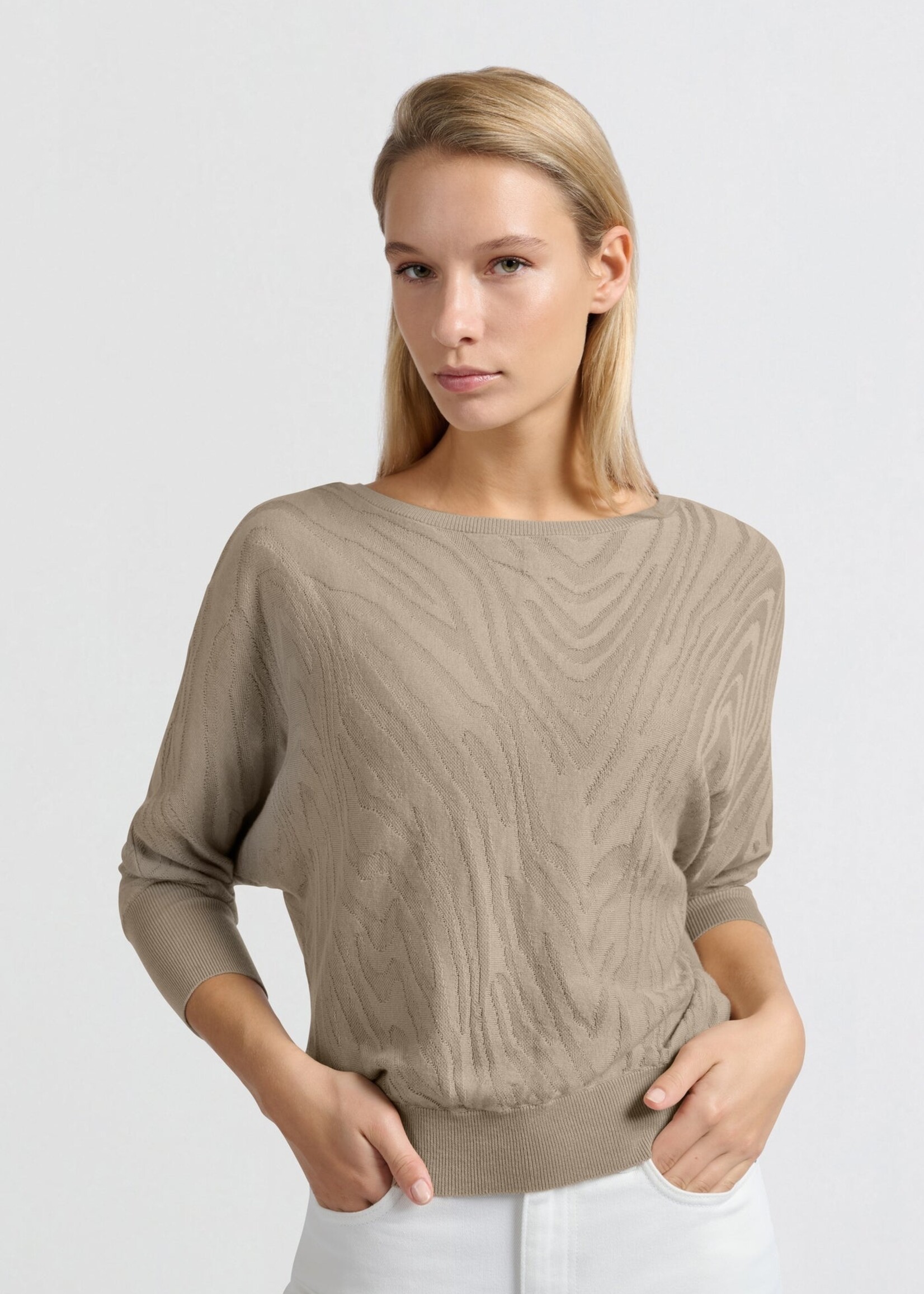 Yaya Women YAYA Boatneck Jaquard Sweater 3/4 Sleeve - Humus Beige