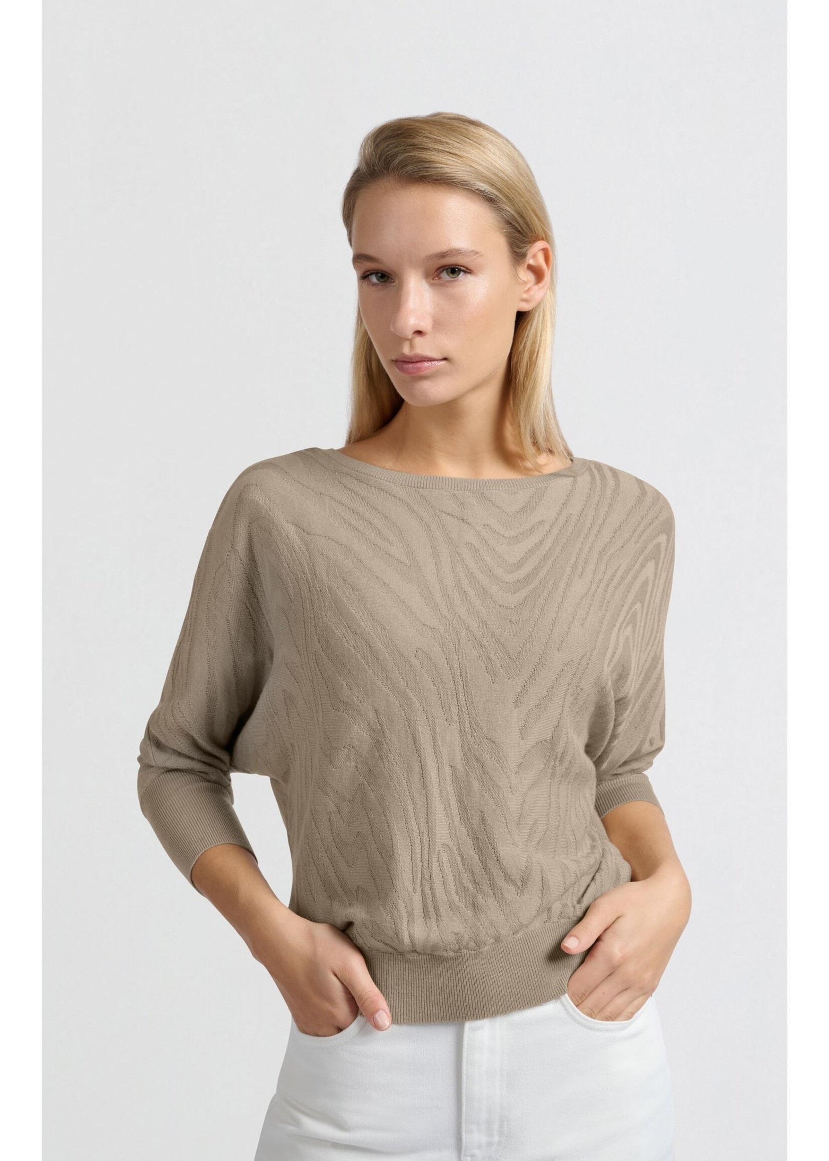Yaya Women YAYA Pull Jacquard À Col Bateau & Manches 3/4 - Humus Beige