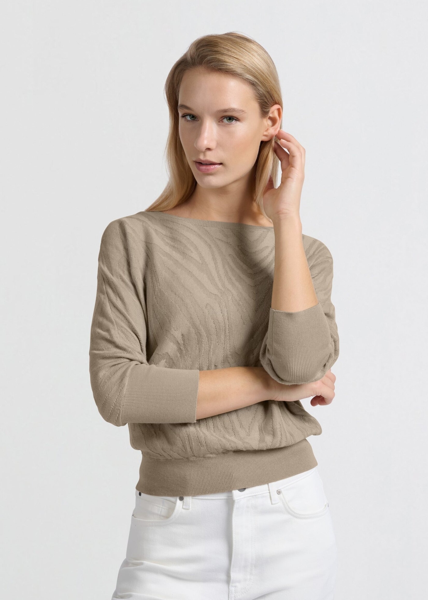 Yaya Women YAYA Boatneck Jaquard Sweater 3/4 Sleeve - Humus Beige