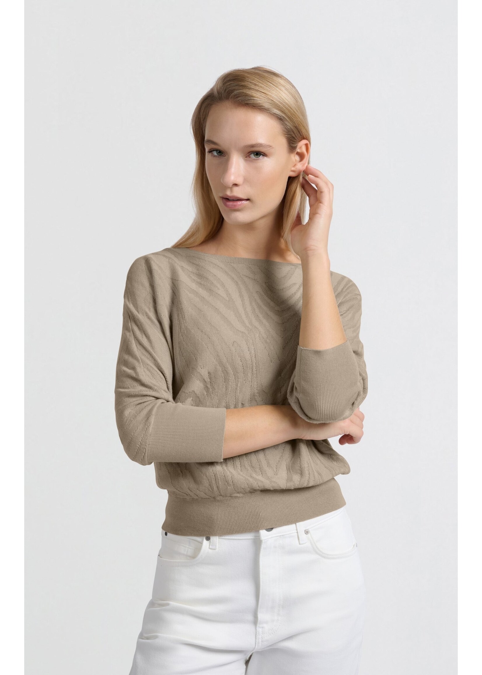 Yaya Women YAYA Boatneck Jaquard Sweater 3/4 Sleeve - Humus Beige