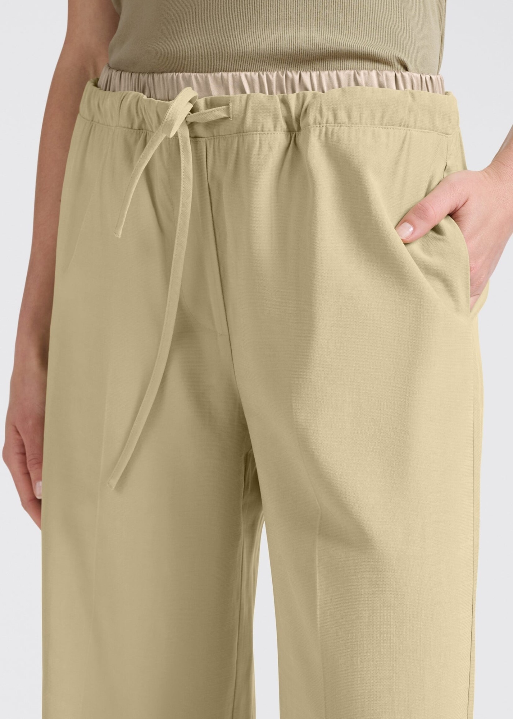 Yaya Women YAYA Woven Wide Leg Trousers With Satin Waistband - Soft Green