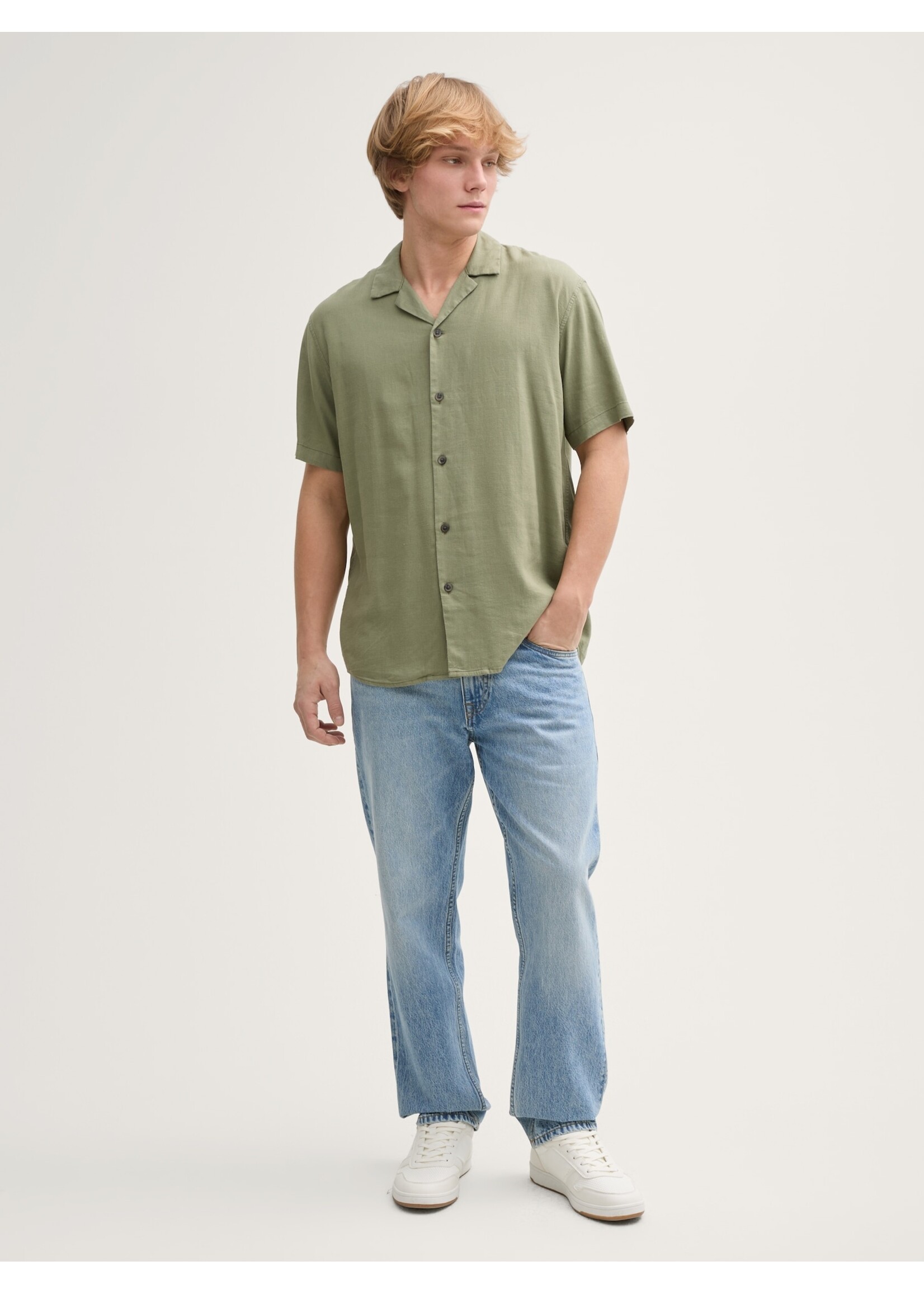 Tom Tailor Tom Tailor Short Sleeve Shirt With Linen Content - Tree Moss Green