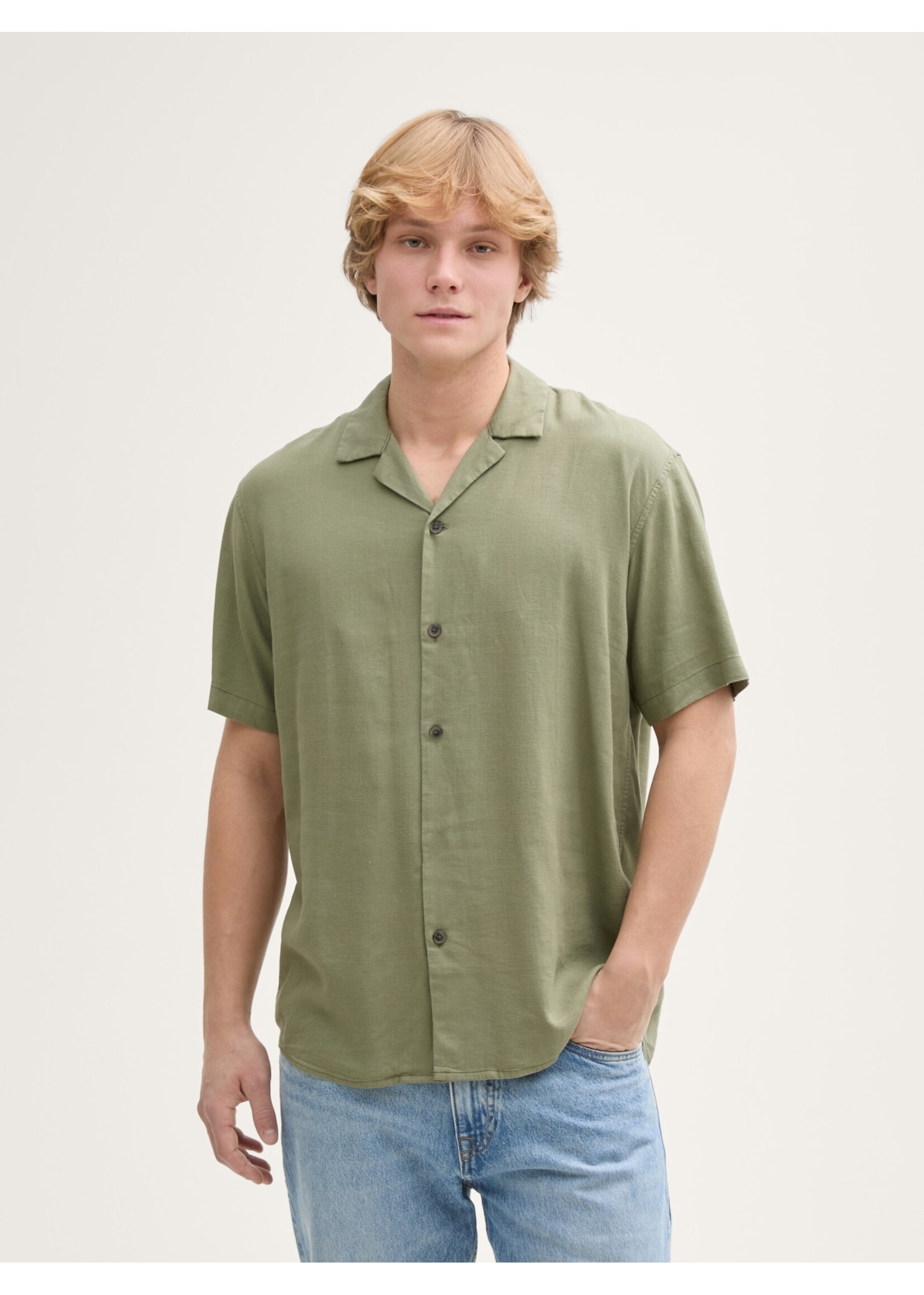 Tom Tailor Tom Tailor Short Sleeve Shirt With Linen Content - Tree Moss Green