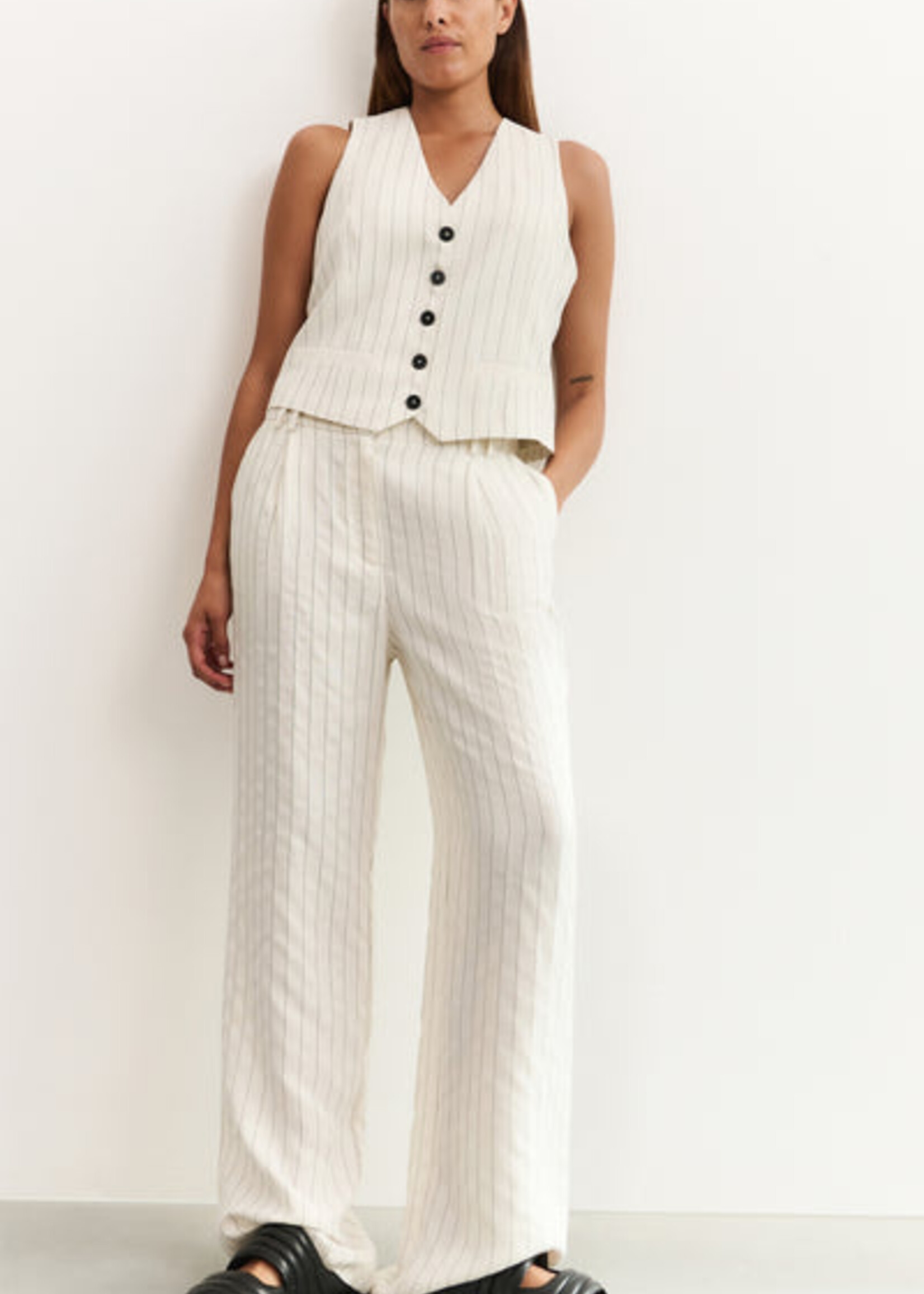 Yaya Women YAYA Pantalon Large À Fines Rayures - Sand Linen Beige