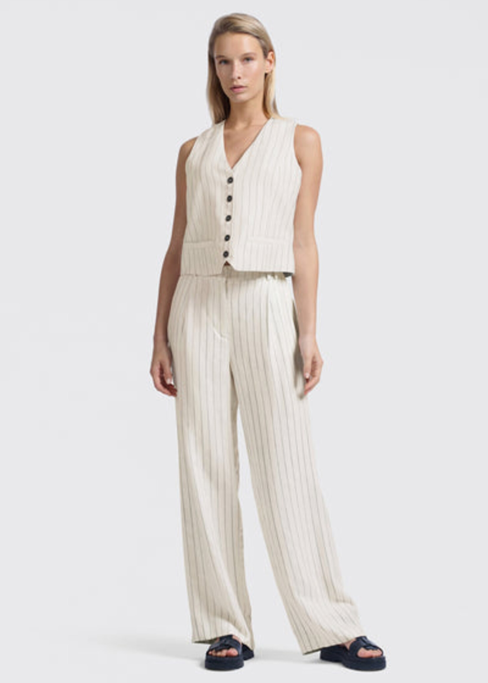 Yaya Women YAYA Pantalon Large À Fines Rayures - Sand Linen Beige
