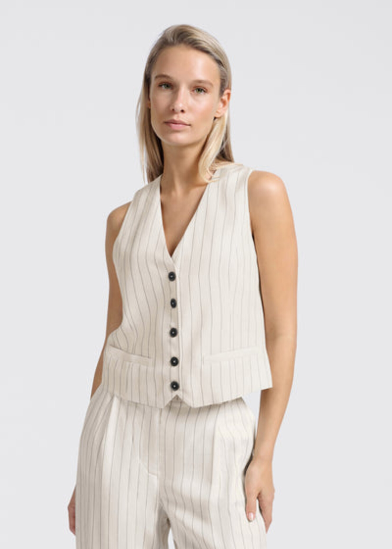 Yaya Women YAYA Gilet Tissé À Fines Rayures - Sand Linen Beige
