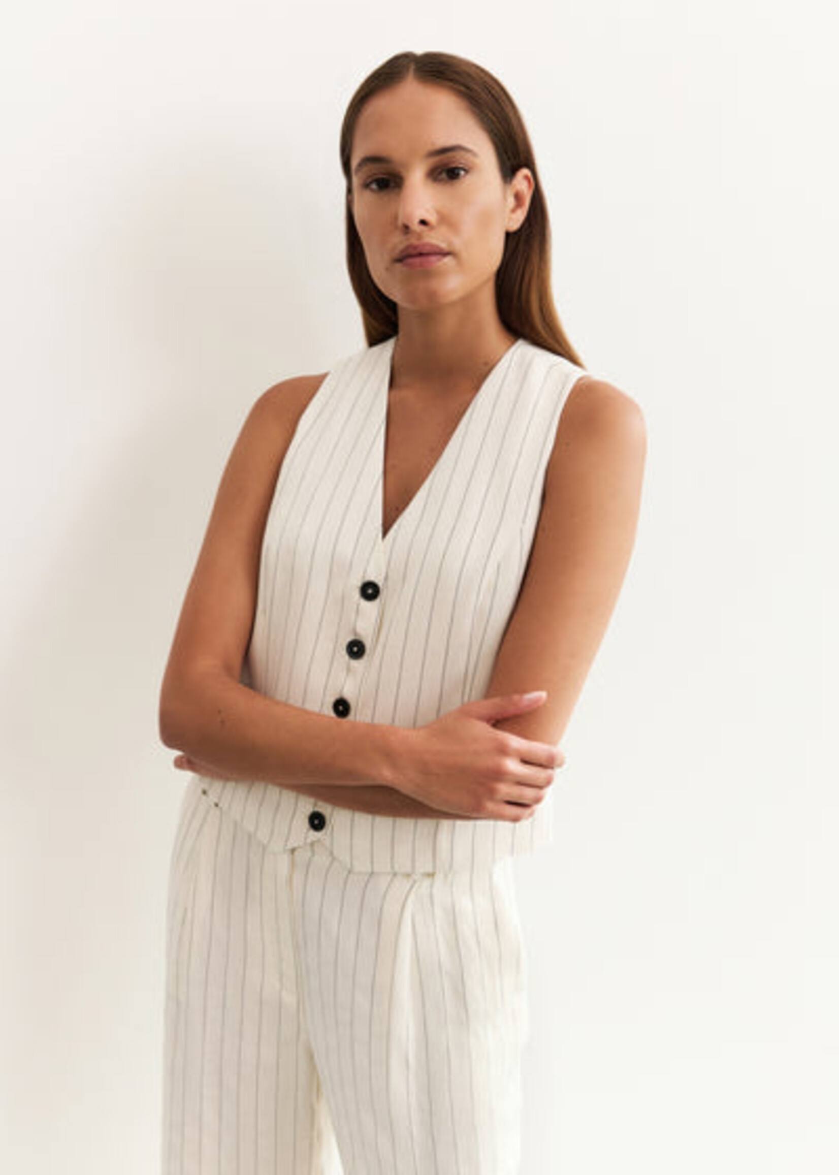 Yaya Women YAYA Gilet Tissé À Fines Rayures - Sand Linen Beige