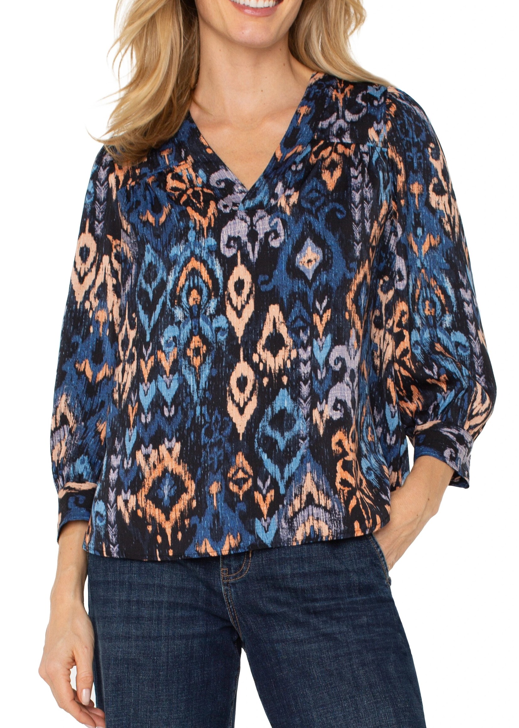 Liverpool Liverpool 3/4 Slv V-Neck Blouse - Blue Multi-Ikat