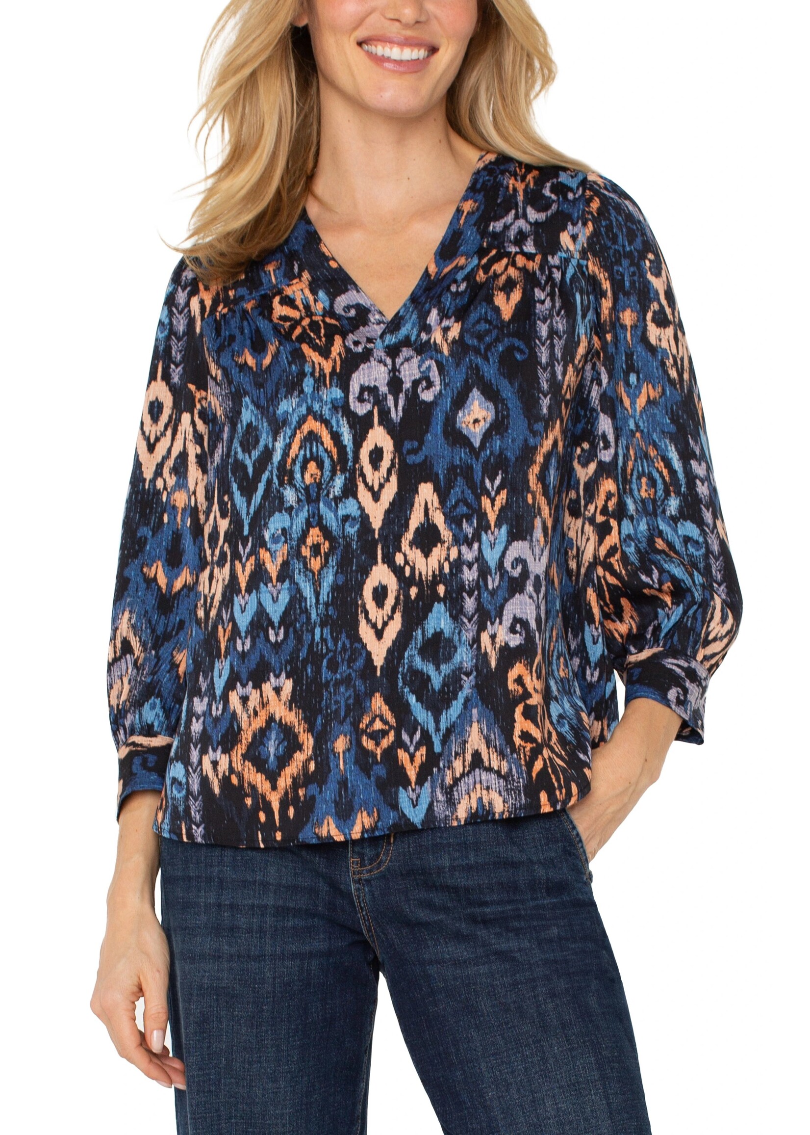 Liverpool Liverpool 3/4 Slv V-Neck Blouse - Blue Multi-Ikat