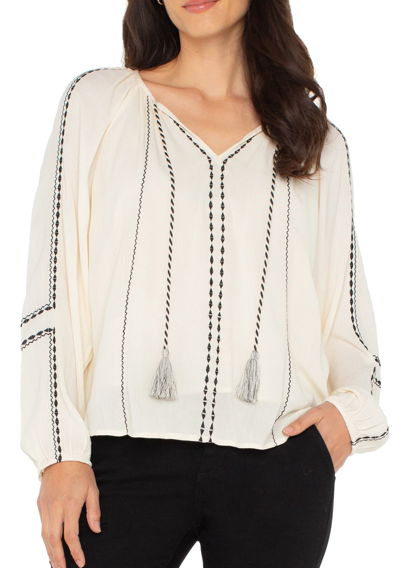 Liverpool Liverpool Woven Raglan Blouse - Alabaster W/Black