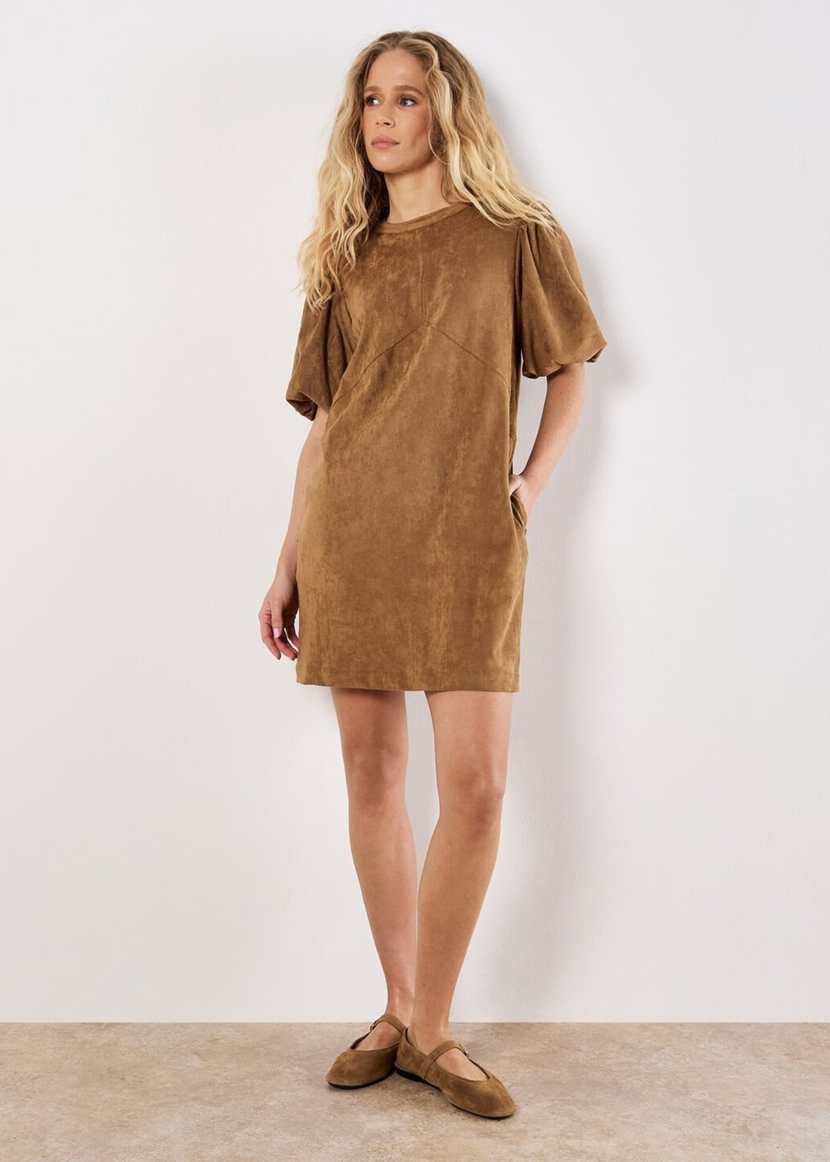 Apricot Apricot Suede Mini Puff Sleeve Dress - Brown