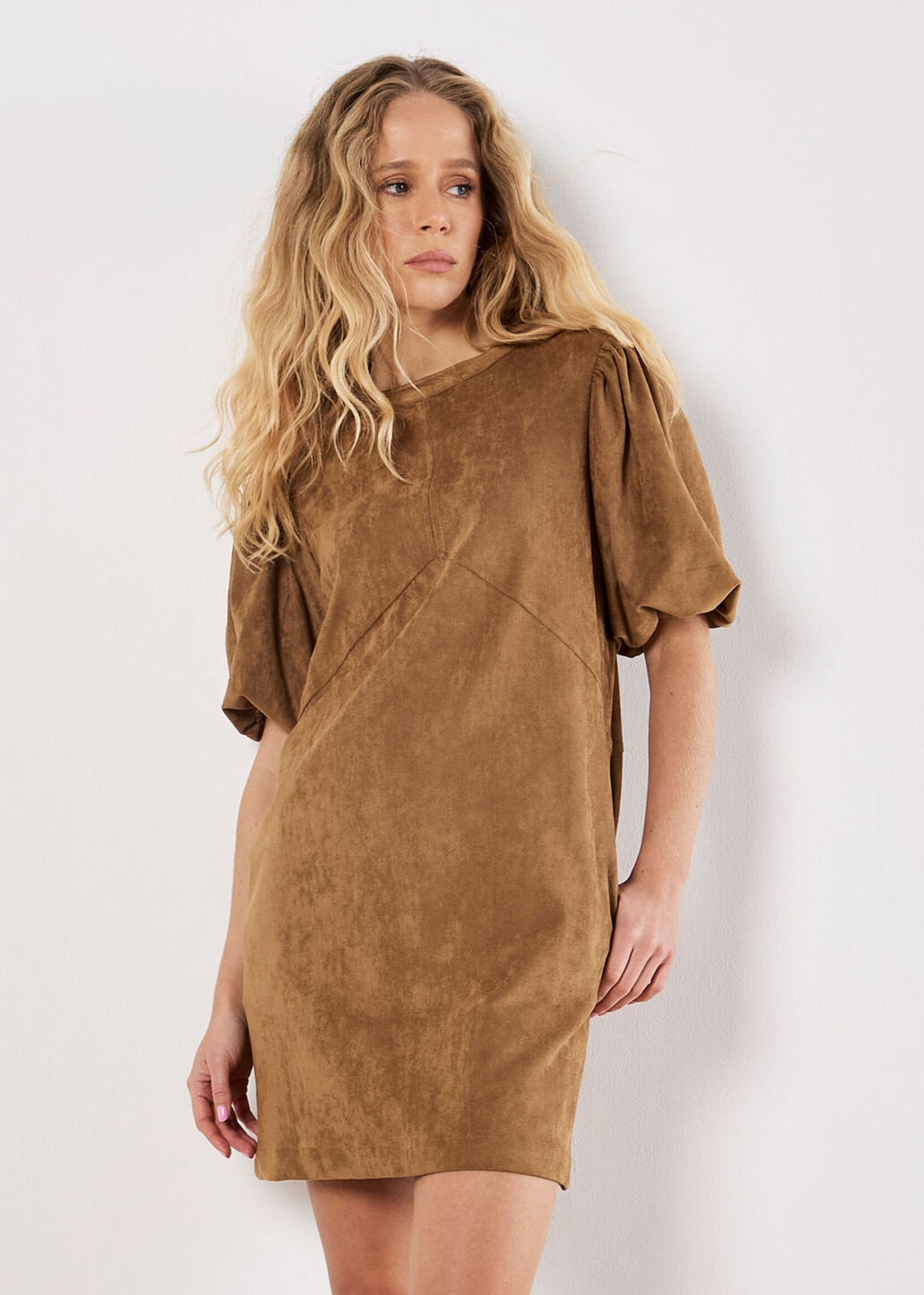 Apricot Apricot Suede Mini Puff Sleeve Dress - Brown