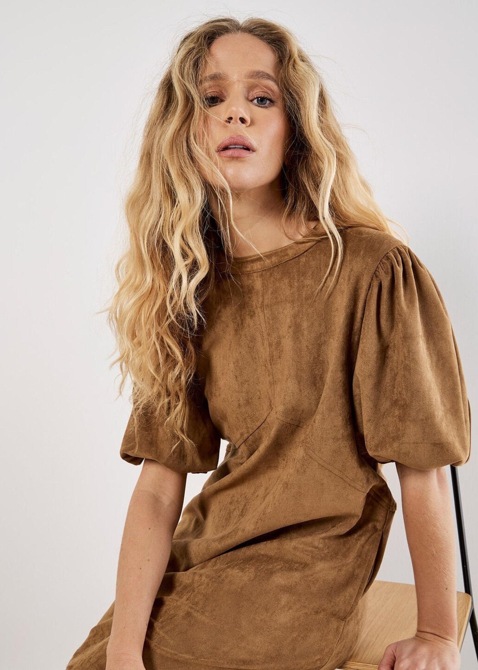 Apricot Apricot Suede Mini Puff Sleeve Dress - Brown