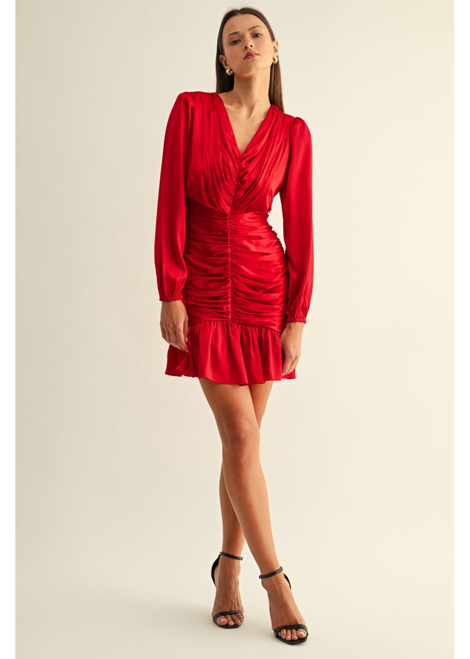 Adelyn Rae Adelyn Rae Leah Ruched Long Sleeve Mini Dress - Red
