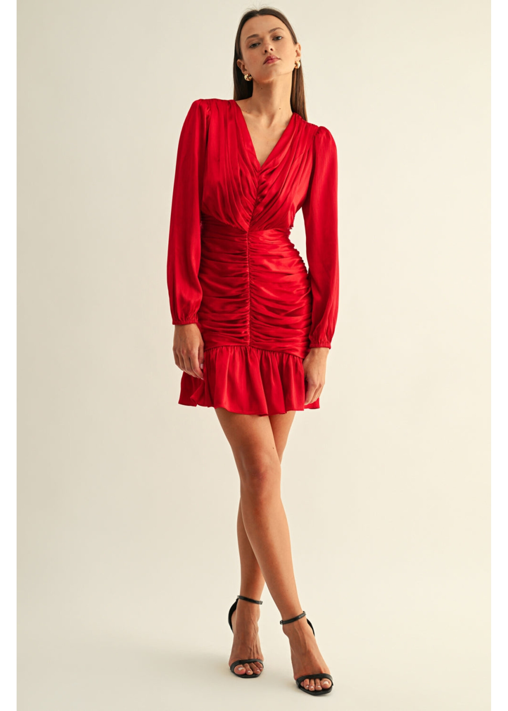 Adelyn Rae Adelyn Rae Mini-Robe Froncée À Manches Longues Leah - Rouge