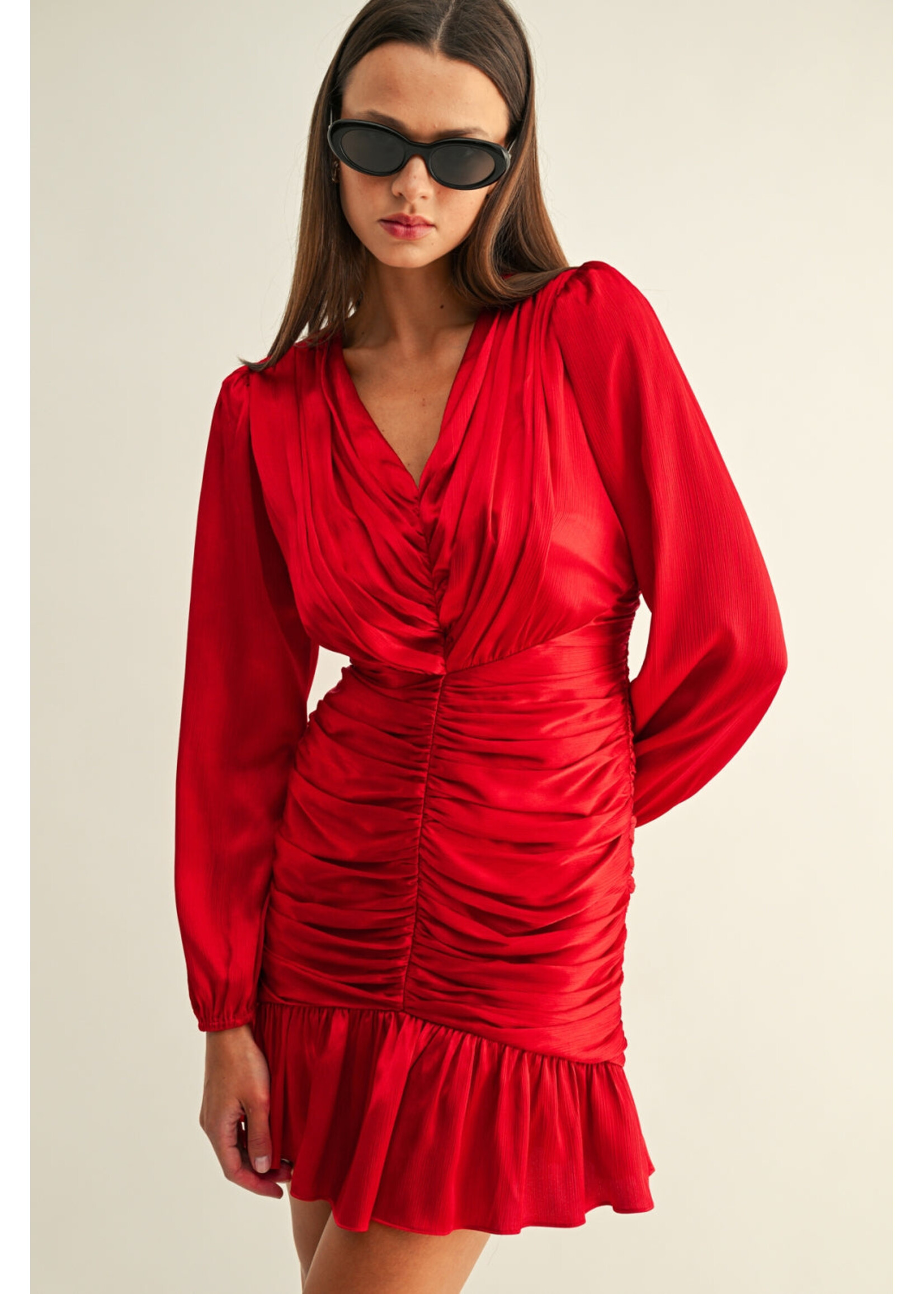 Adelyn Rae Adelyn Rae Leah Ruched Long Sleeve Mini Dress - Red