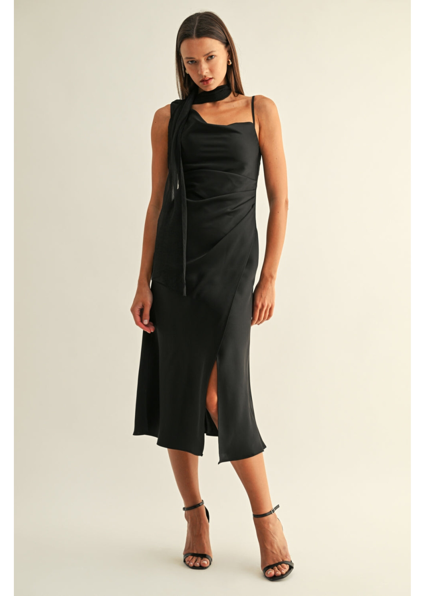 Adelyn Rae Adelyn Rae Selena Contrast Scarf Cowl Neck Dress - Black