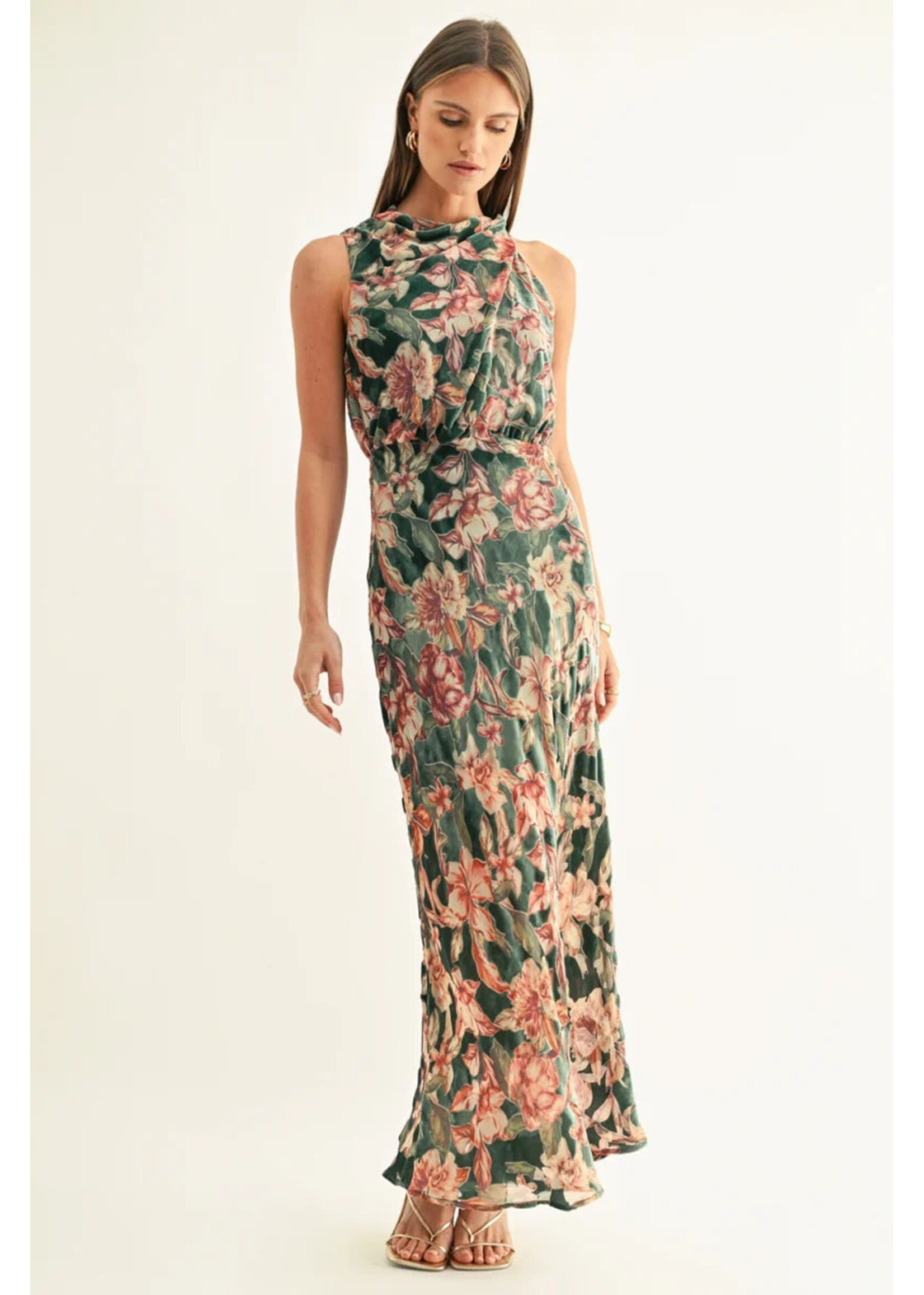Adelyn Rae Adelyn Rae Veda Burnout Velvet Draped Maxi - Teal Maxi