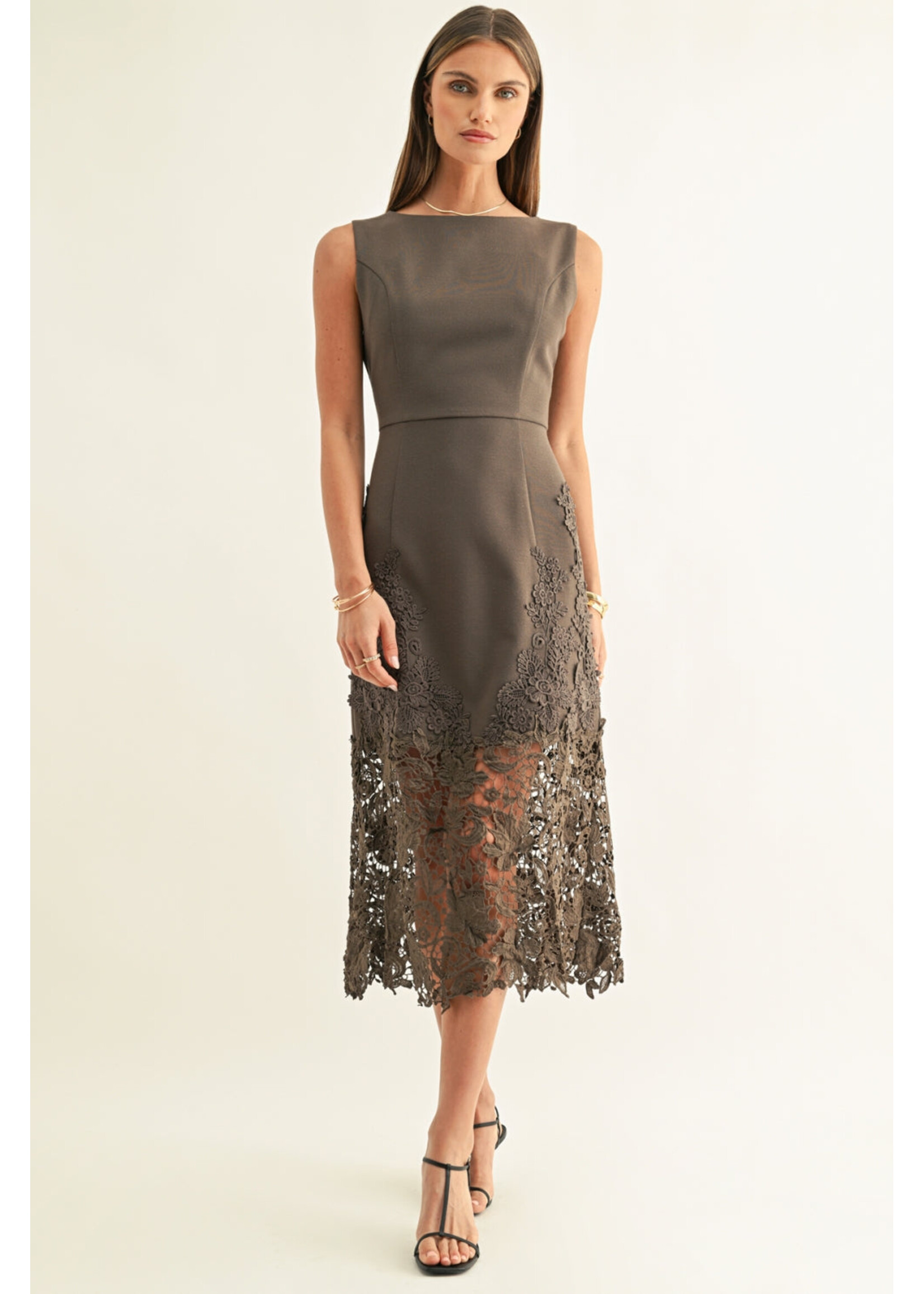 Adelyn Rae Adelyn Rae Sara Ruffled Laced Hem Midi Dress - Espresso