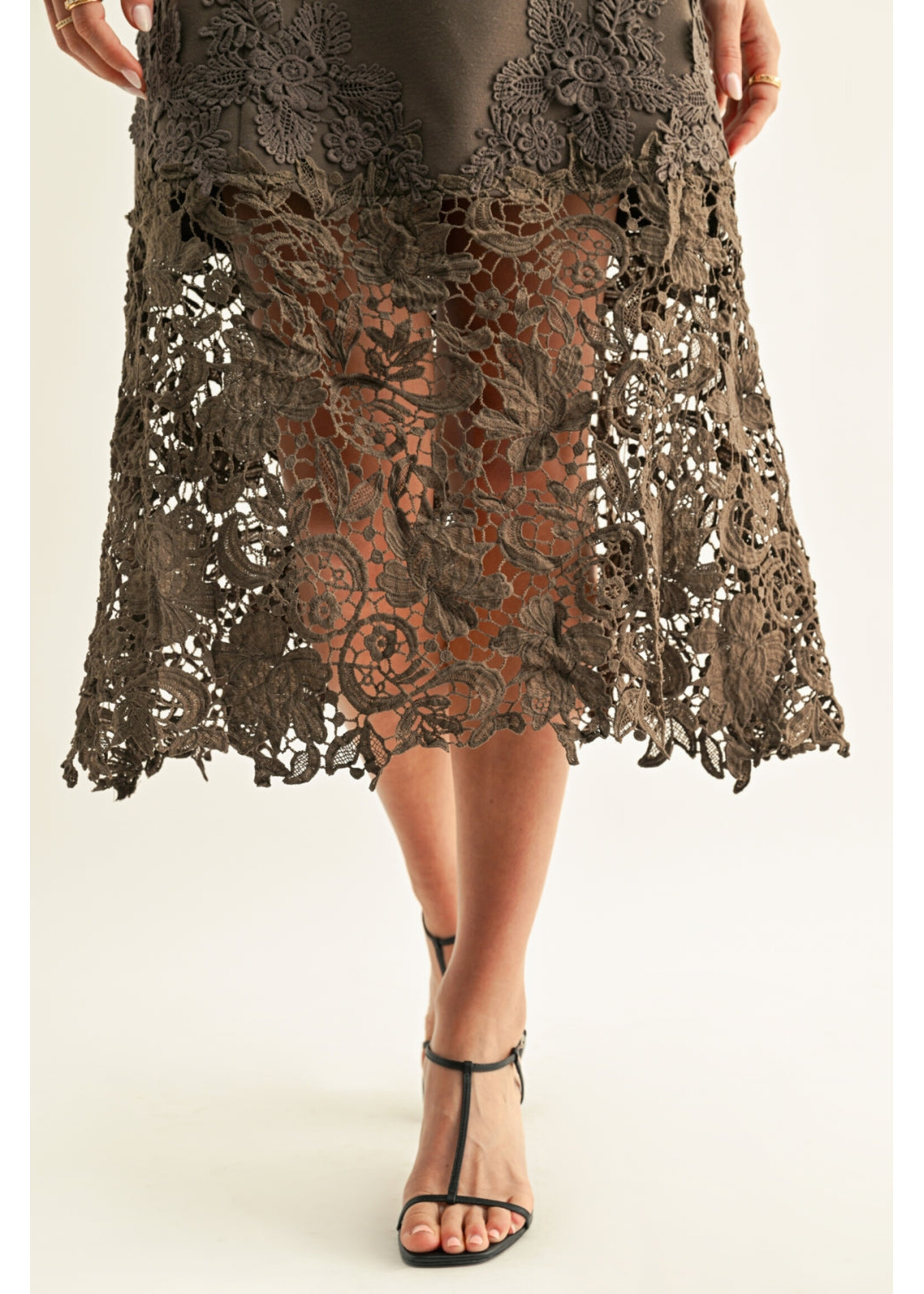 Adelyn Rae Adelyn Rae Sara Ruffled Laced Hem Midi Dress - Espresso