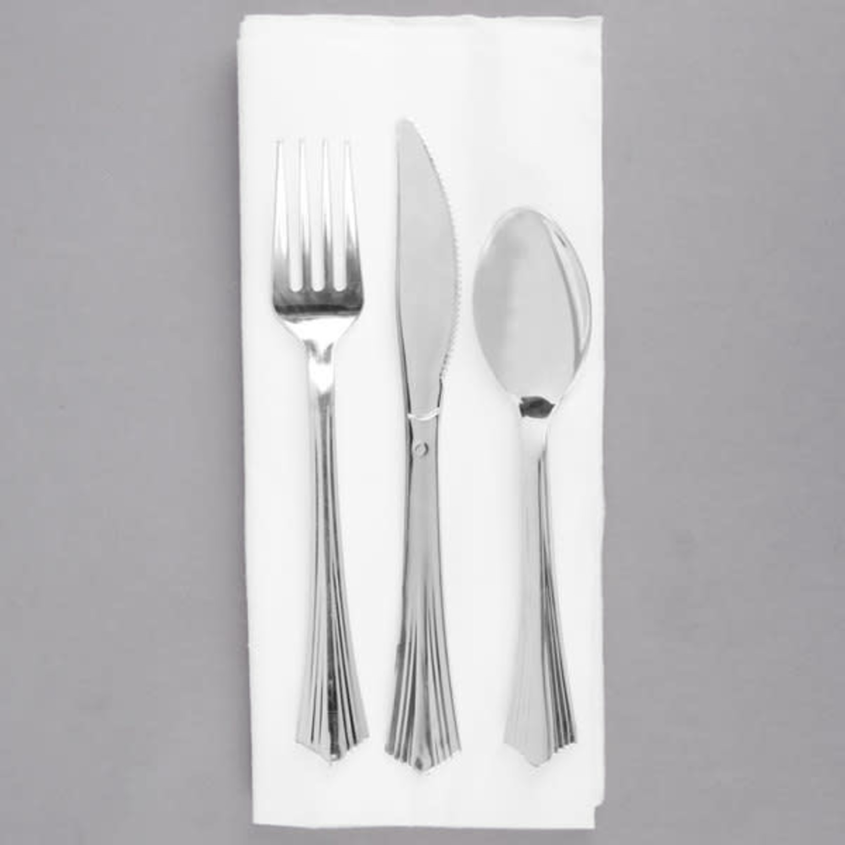 Silver Visions Pre-Rolled Linen-Feel White Napkin and Silver Heavy Weight Plastic Cutlery 17"x17"