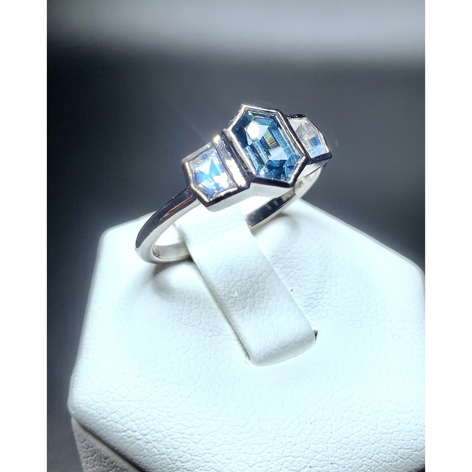 14 Karat White Gold Natural Sapphire w/ Moonstone Accents Sz. 6.75