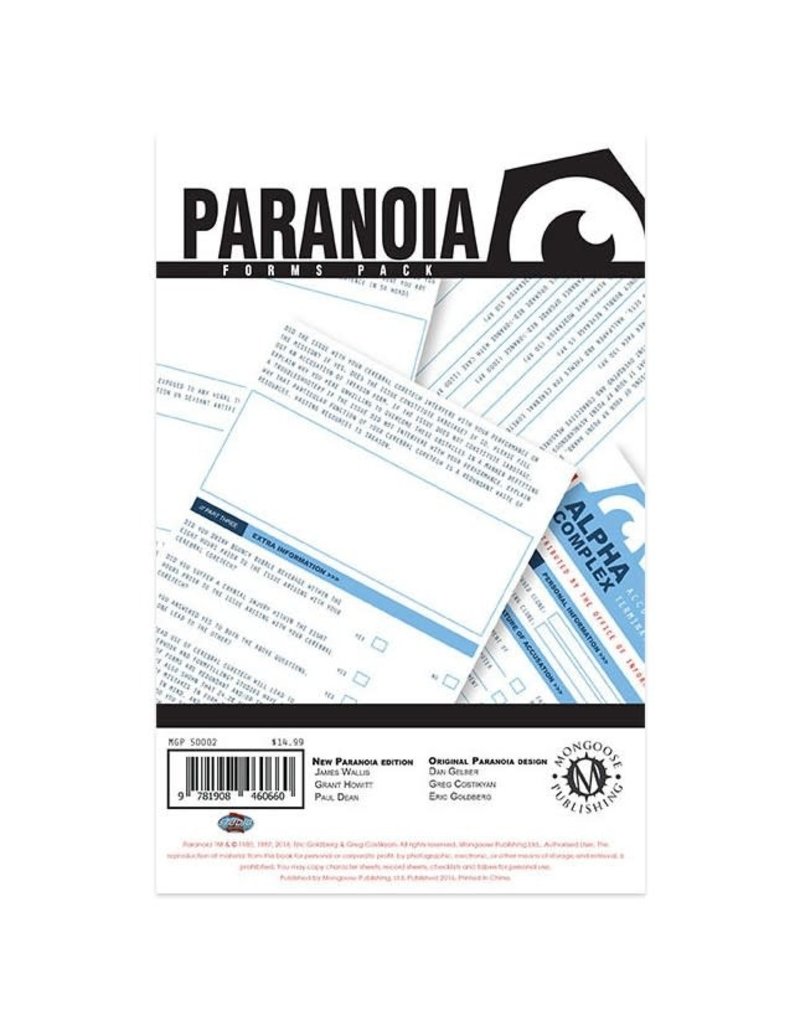 Mongoose Publishing Paranoia RPG: Forms Pack
