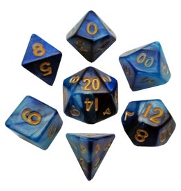 Metallic Dice Games Mini 10mm Polyhedral Dice Set: Blue / Light Blue with Gold Numbers (7 dice)