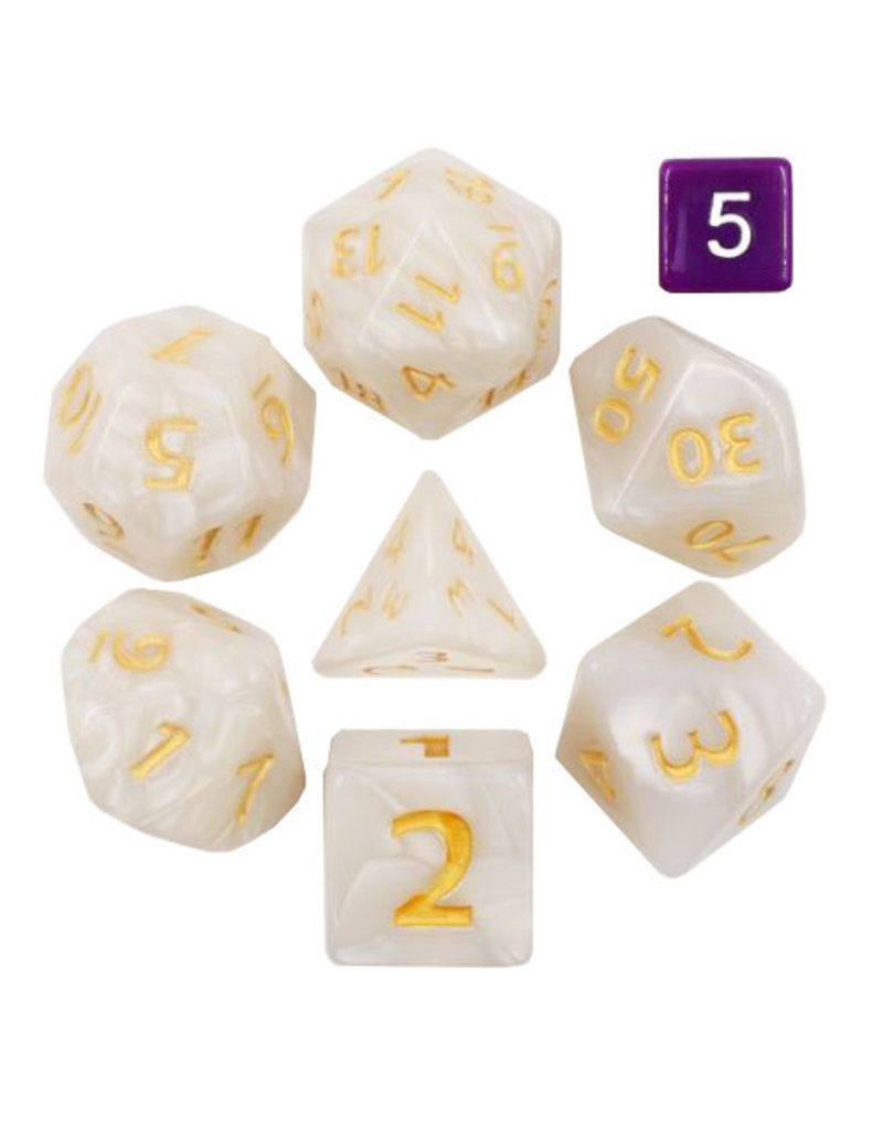 Friendly Dice 25mm Polyhedral Dice Set: White Pearl (7 Oversized Dice & Dice Bag)