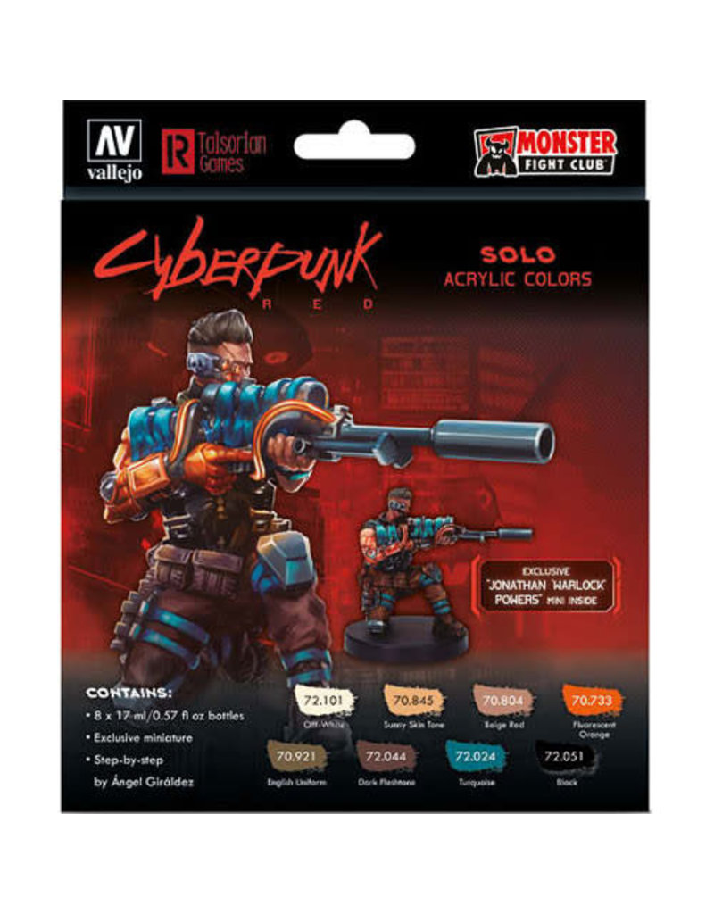Acrylicos Vallejo Paint Set: Cyberpunk RED: Solo Acrylic Colors (8) with Jonathan 'Warlock' Powers Miniature