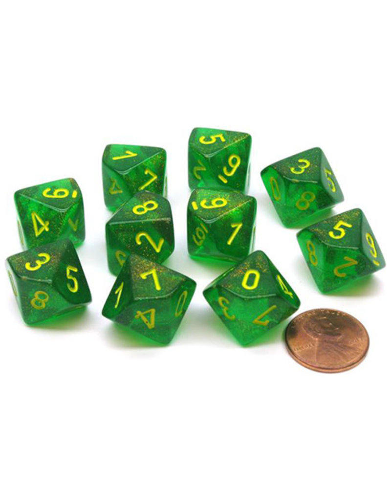 Chessex d10 Dice Set: Borealis: Maple Green with Yellow Paint (10 dice)