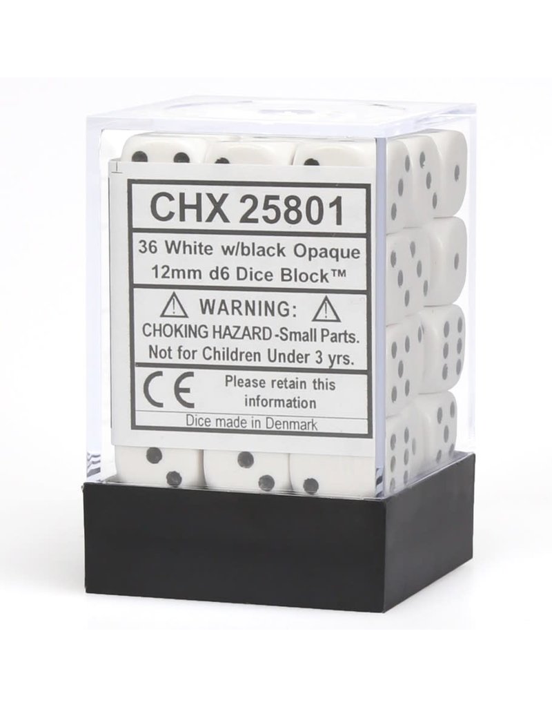 Chessex d6 Dice Set: 12mm: Opaque: White with Black (36 dice)