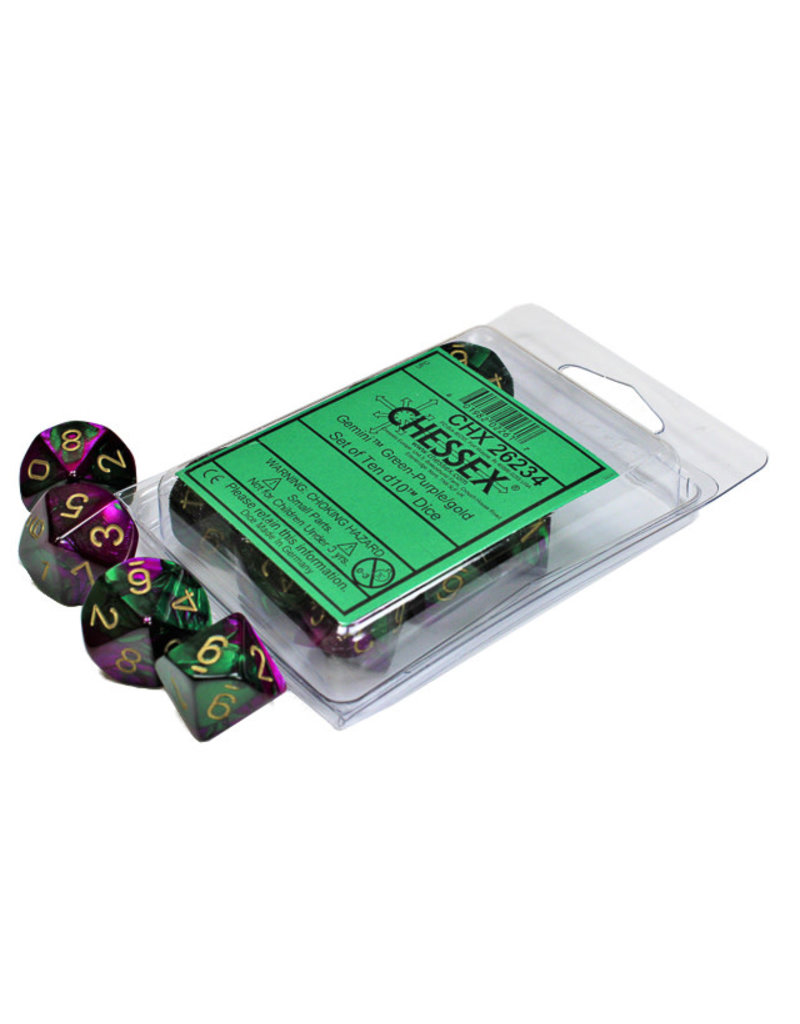 Chessex d10 Dice Set: Gemini: Green-Purple w/ Gold Paint (10 dice)