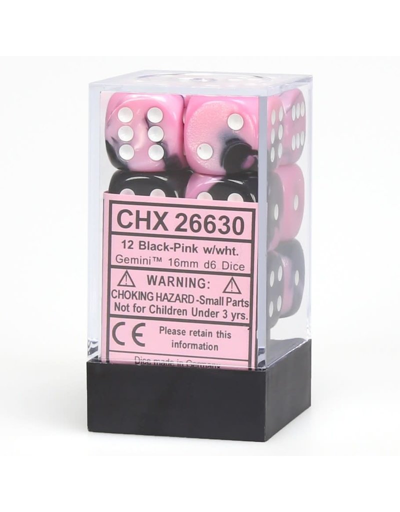 Chessex d6 Dice Set: 16mm: Gemini: Black & Pink with White Paint (12 dice)