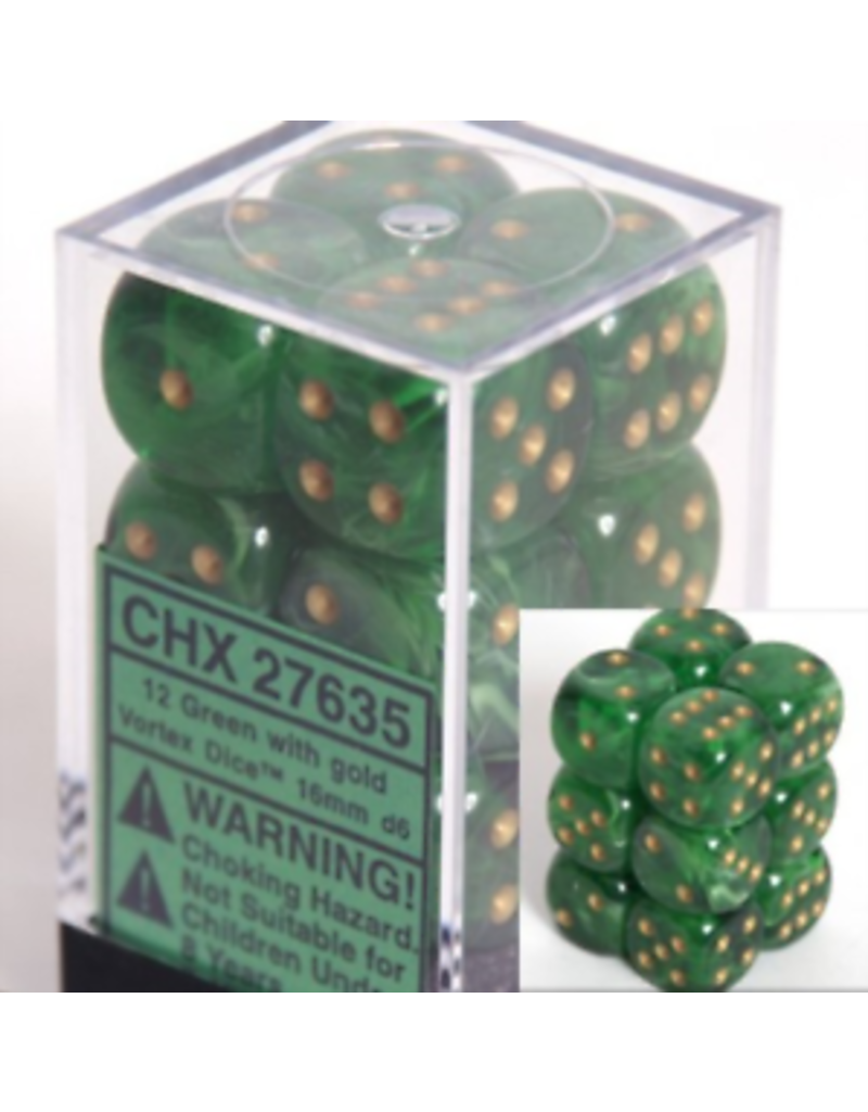 Chessex d6 Dice Set: 16mm: Vortex: Green with Gold (12 dice)
