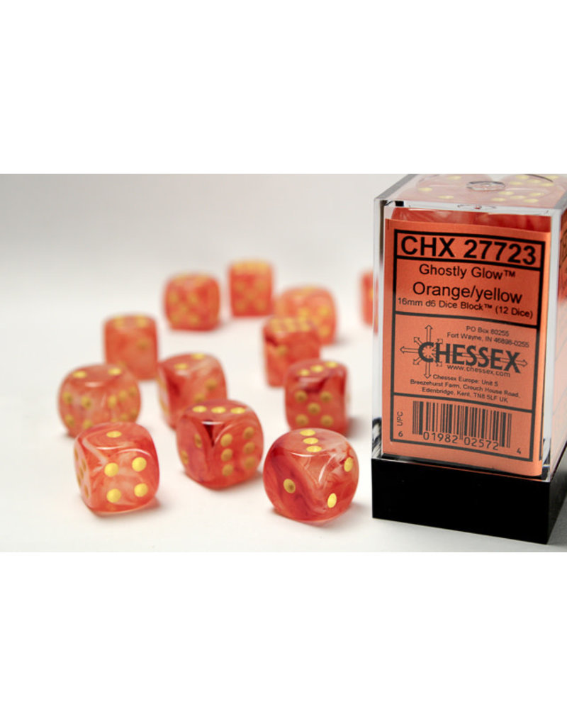 Chessex d6 Dice Set: 16mm: Ghostly Glow: Orange with Yellow Paint (12 dice)