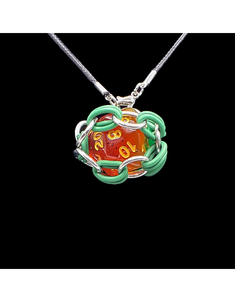 Wyvern Workshop Necklace: Removable Captive Necklace: Watermelon d20 with Green/Silver Accents (A1009)