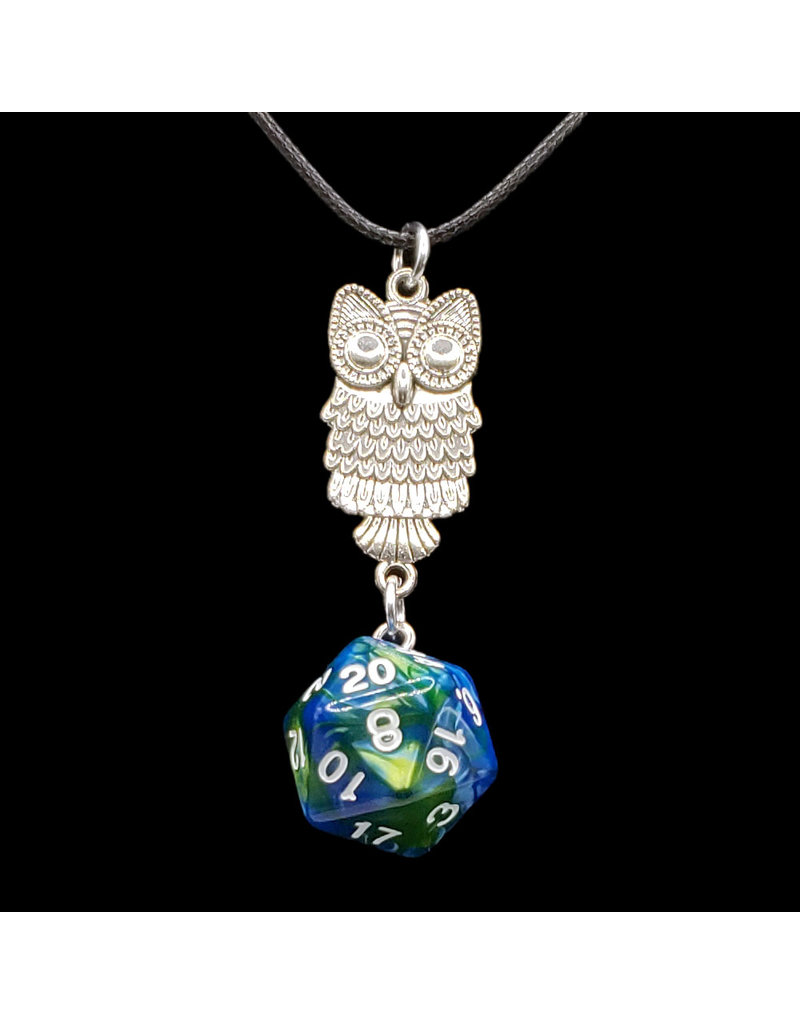 Wyvern Workshop Necklace: Owl Necklace with Blue/Green Swirl d20 (A1015)