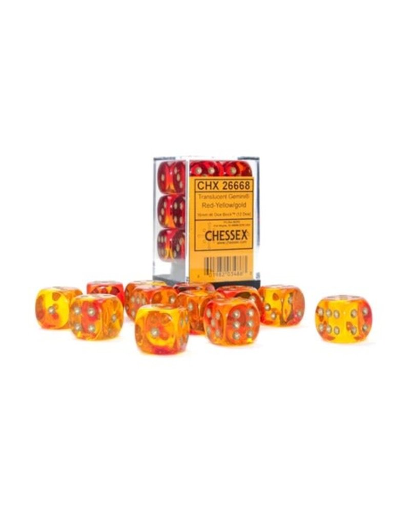 Chessex d6 Dice Set: 16mm: Gemini Translucent Red-Yellow W/ Gold
