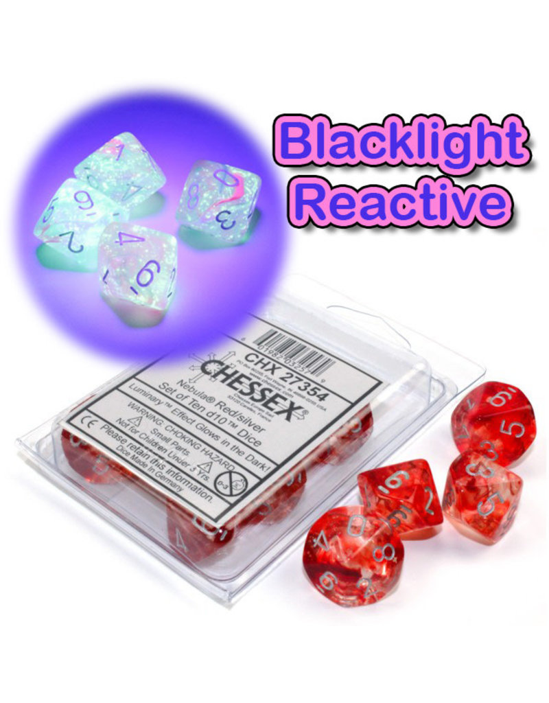 Chessex 10d10 Dice Set: Luminary: Nebula: Red with Silver