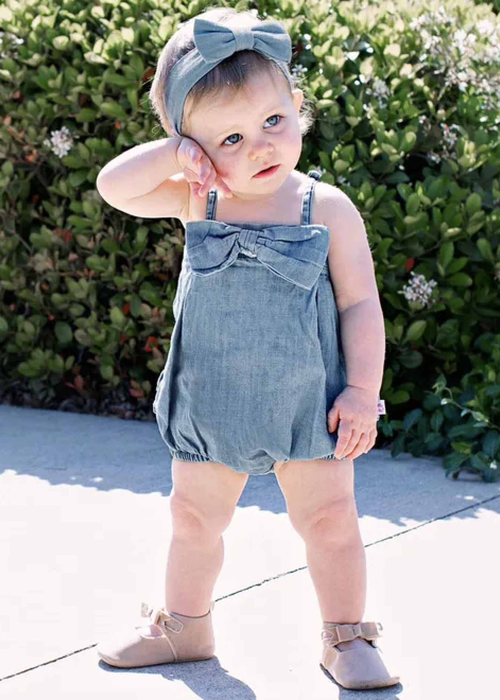 Light Wash Denim Bow-Front Bubble Romper