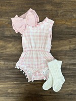 Pale Pink Plaid Pom Pom Romper