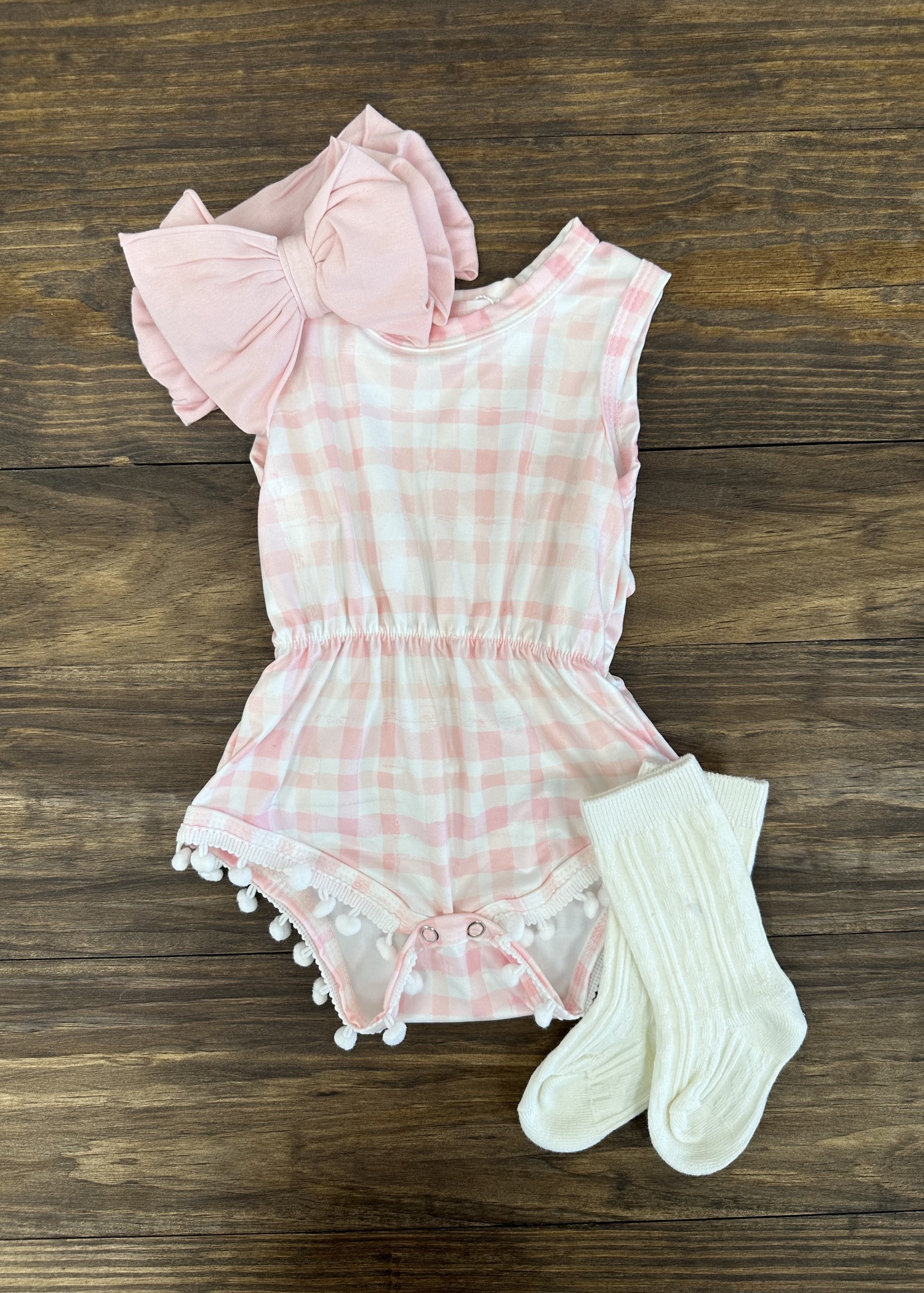 Pale Pink Plaid Pom Pom Romper