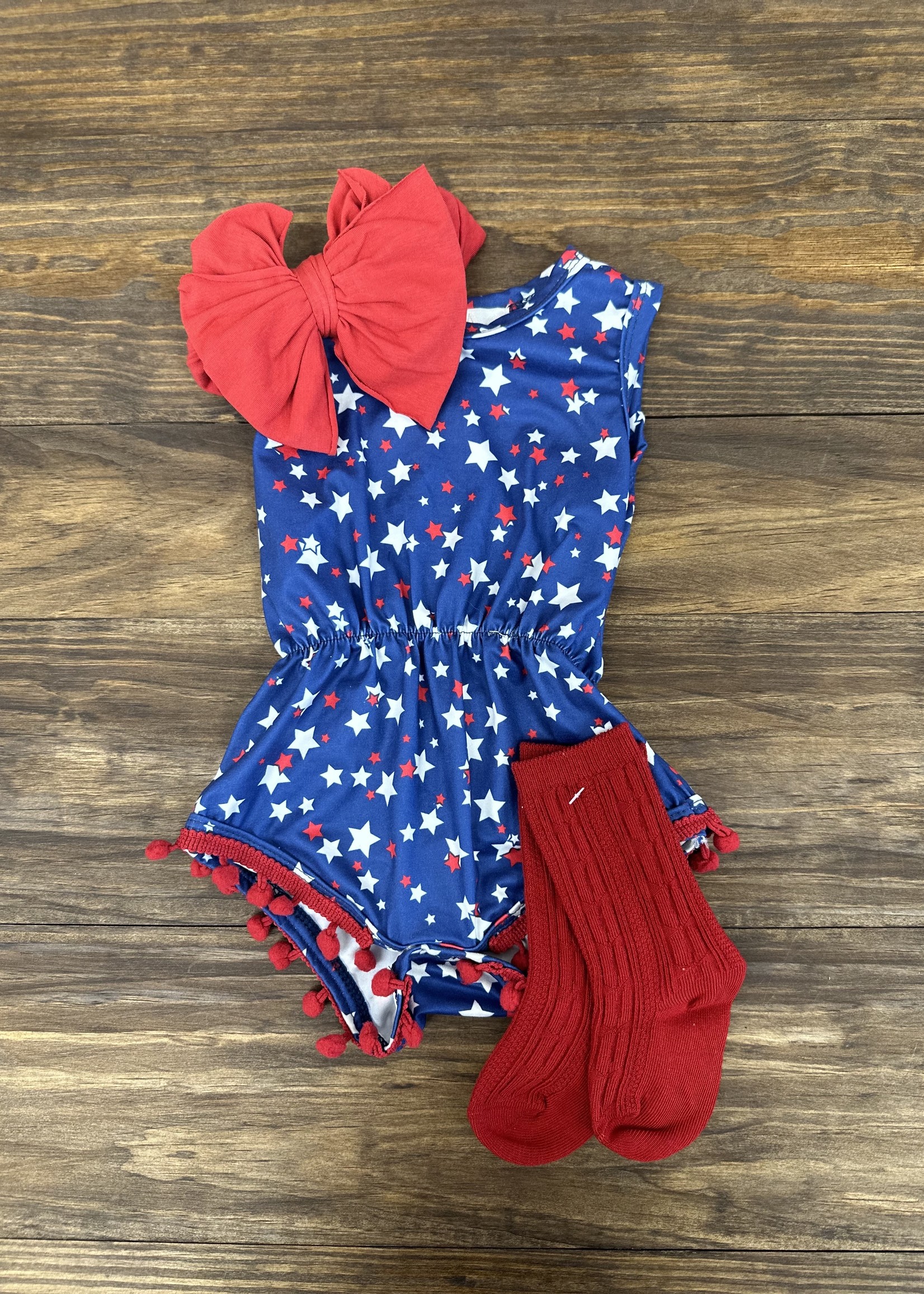 USA Red White Blue Pom Pom Romper