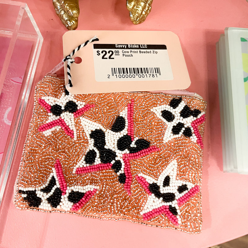 Prep Obsessed Cow Print Beaded Zip Pouch