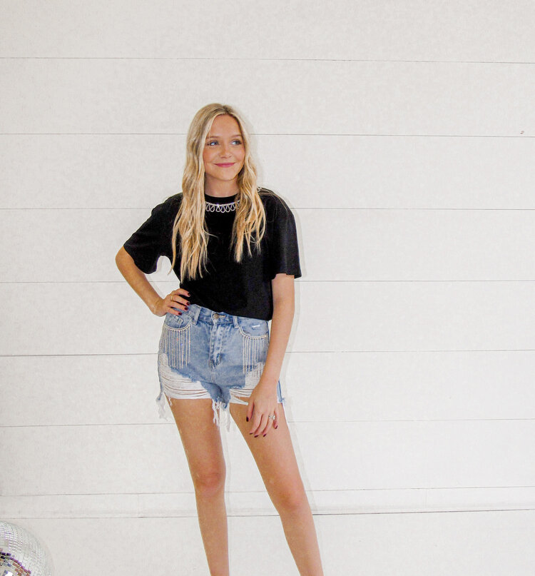 Buddy Love Elvis Crystal Fringe Denim Shorts