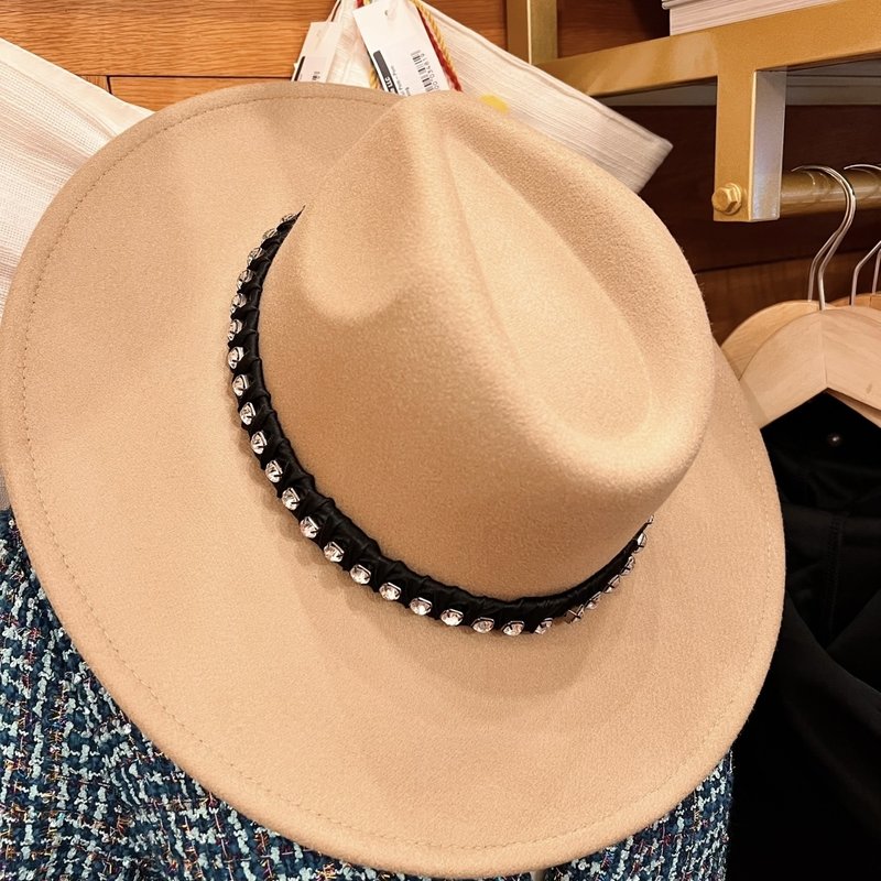 Fame Accessories Beige Fedora Hat with Rhinestones